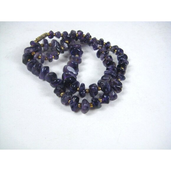 Amethyst Stone Chip Gold Beaded Necklace Purple Jewelry 21 Inch Boho Chic Style - Picture 2 of 9